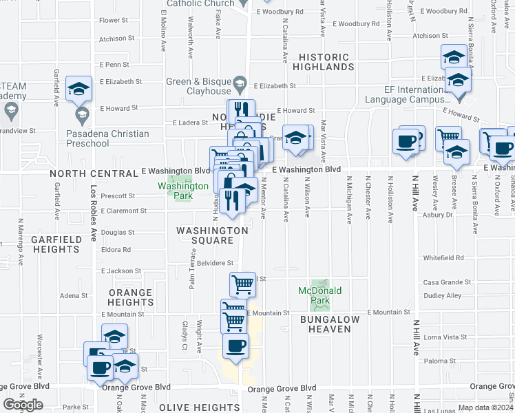 map of restaurants, bars, coffee shops, grocery stores, and more near 1243 North Mentor Avenue in Pasadena