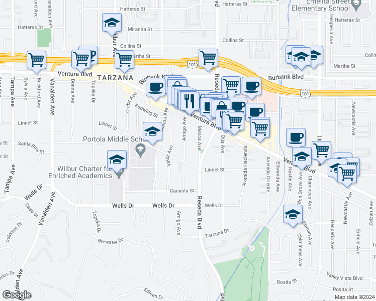 map of restaurants, bars, coffee shops, grocery stores, and more near 5330 Amigo Avenue in Los Angeles