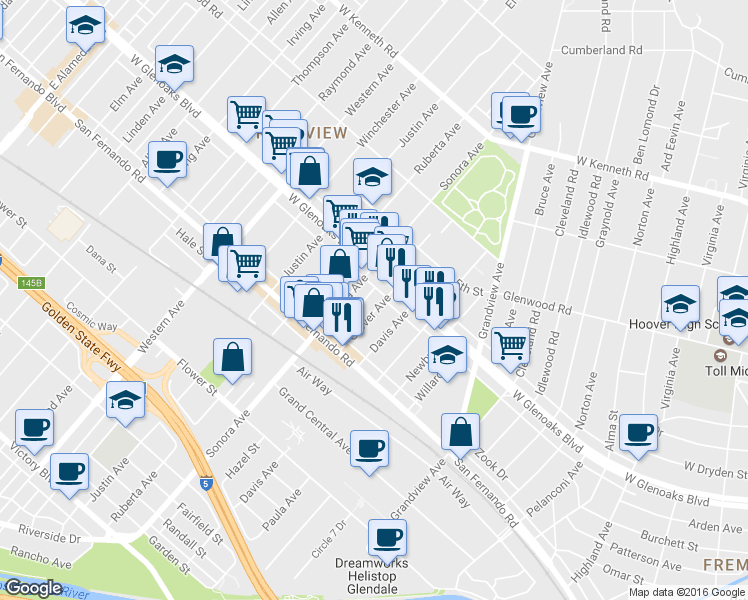 map of restaurants, bars, coffee shops, grocery stores, and more near 1059 Grover Avenue in Glendale