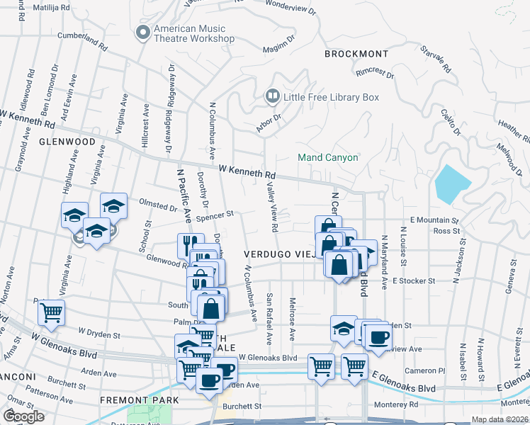 map of restaurants, bars, coffee shops, grocery stores, and more near 326 Spencer Street in Glendale