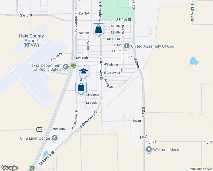 map of restaurants, bars, coffee shops, grocery stores, and more near 200 Southeast Alpine in Plainview