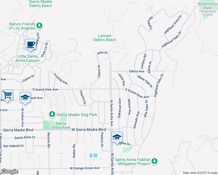 map of restaurants, bars, coffee shops, grocery stores, and more near 1145 East Grand View Avenue in Sierra Madre