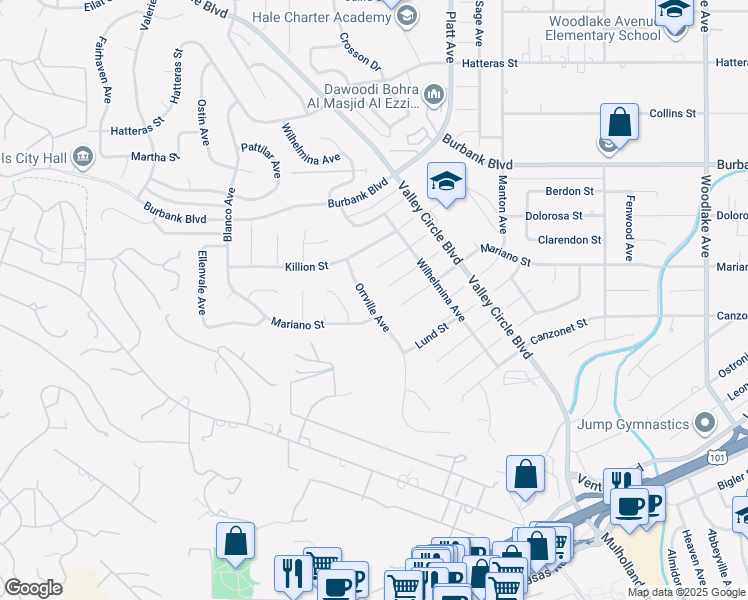 map of restaurants, bars, coffee shops, grocery stores, and more near 5320 Orrville Avenue in Los Angeles