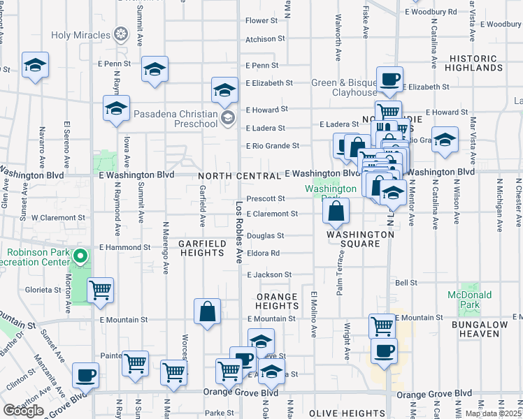 map of restaurants, bars, coffee shops, grocery stores, and more near 503 East Claremont Street in Pasadena