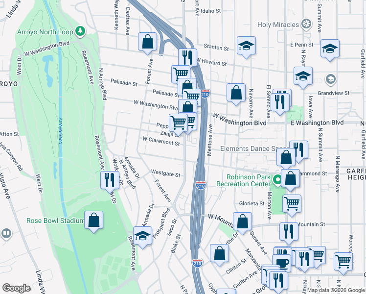 map of restaurants, bars, coffee shops, grocery stores, and more near 440 West Claremont Street in Pasadena