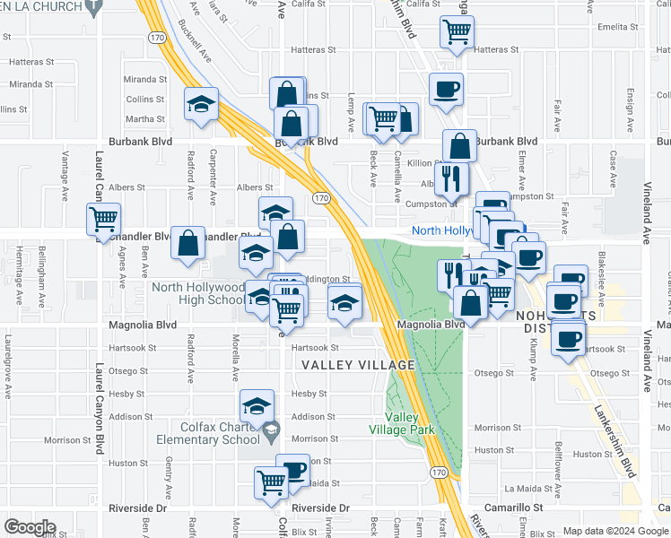 map of restaurants, bars, coffee shops, grocery stores, and more near 5310 Irvine Avenue in Los Angeles