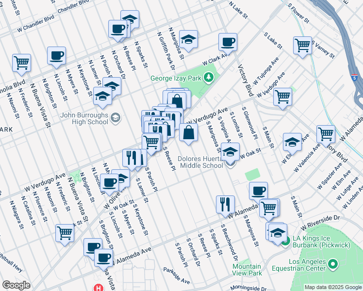 map of restaurants, bars, coffee shops, grocery stores, and more near 130 S Sparks St in Burbank
