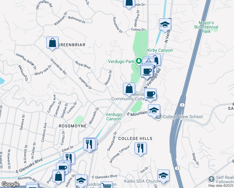 map of restaurants, bars, coffee shops, grocery stores, and more near 1415 Del Monte Drive in Glendale