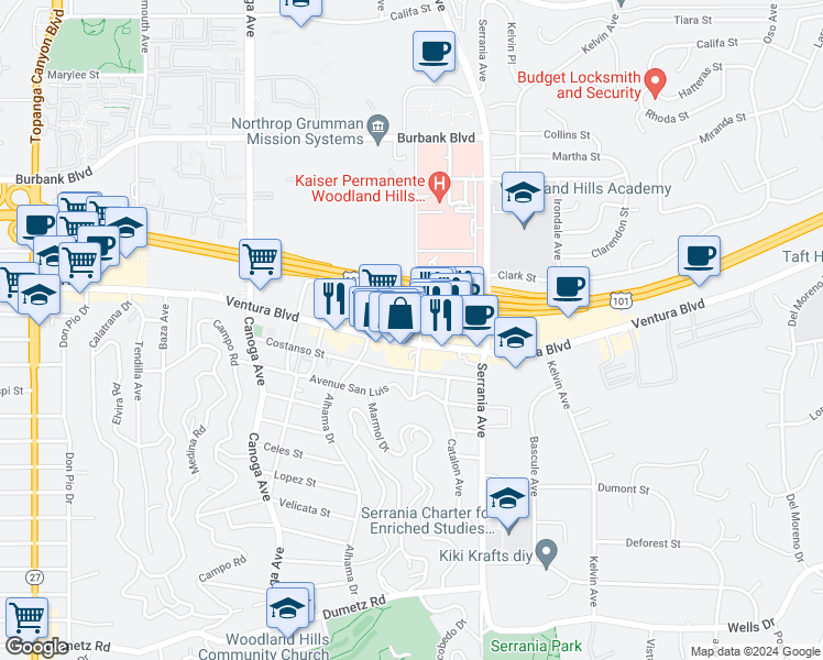 map of restaurants, bars, coffee shops, grocery stores, and more near 21021 Ventura Boulevard in Los Angeles