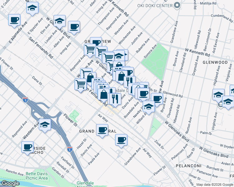map of restaurants, bars, coffee shops, grocery stores, and more near 1042 Sonora Avenue in Glendale
