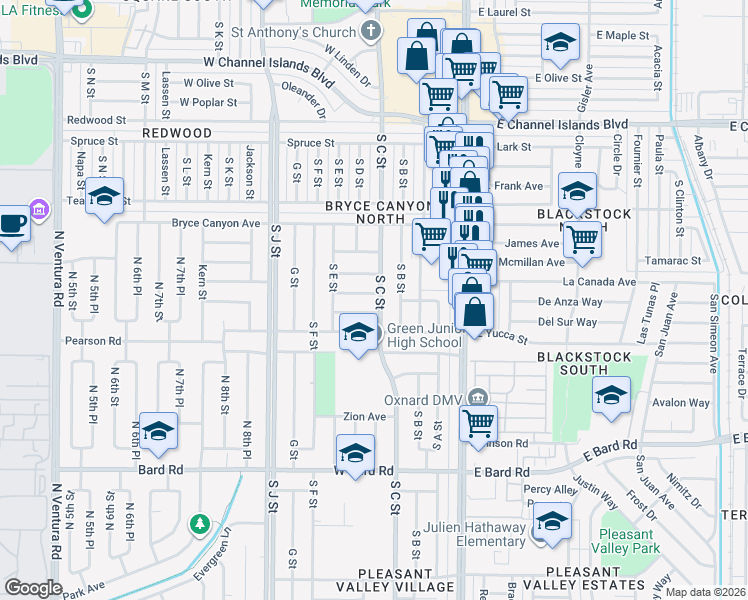 map of restaurants, bars, coffee shops, grocery stores, and more near 404 Vine Place in Oxnard