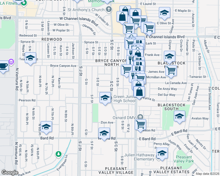 map of restaurants, bars, coffee shops, grocery stores, and more near 404 Vine Place in Oxnard