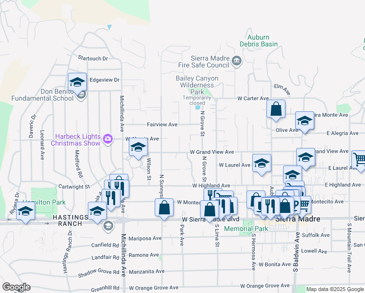 map of restaurants, bars, coffee shops, grocery stores, and more near 523 West Grand View Avenue in Sierra Madre