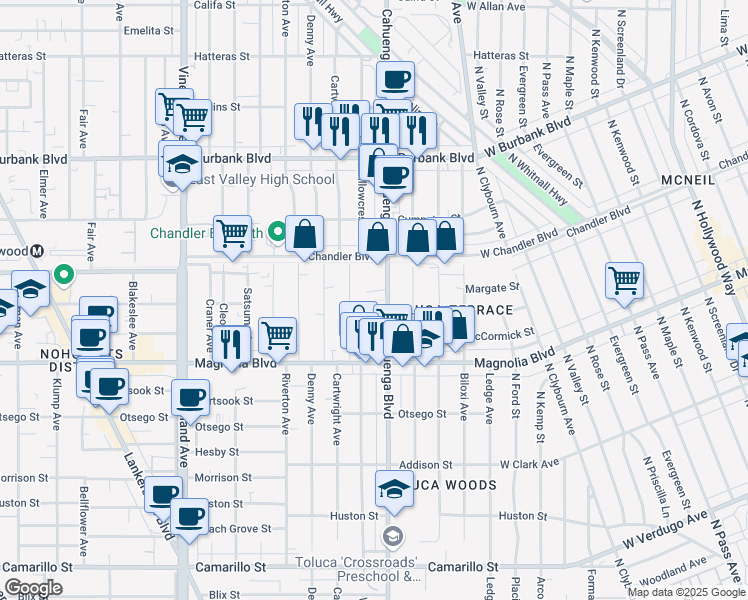 map of restaurants, bars, coffee shops, grocery stores, and more near 5301 Cahuenga Boulevard in Los Angeles
