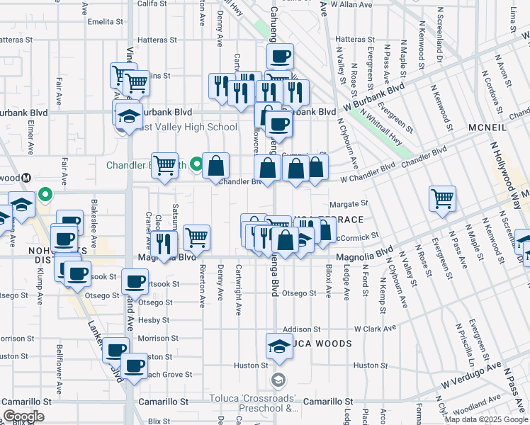 map of restaurants, bars, coffee shops, grocery stores, and more near 5313 Cahuenga Boulevard in Los Angeles