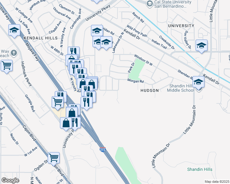 map of restaurants, bars, coffee shops, grocery stores, and more near 1621 Grossmont Road in San Bernardino