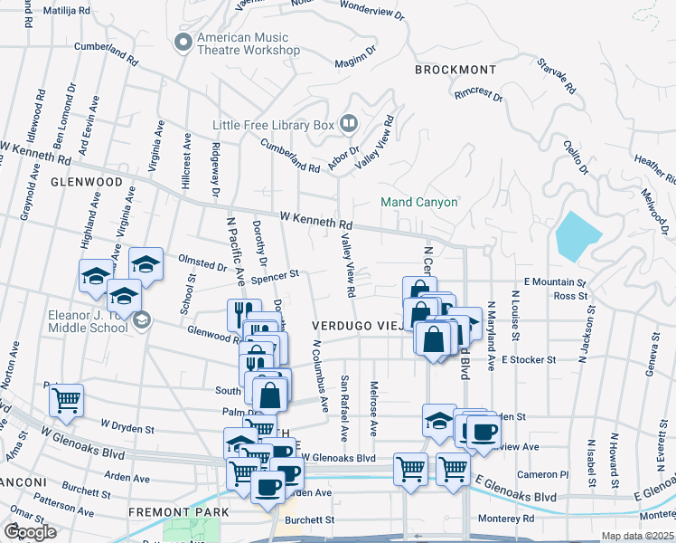 map of restaurants, bars, coffee shops, grocery stores, and more near 1401 Valley View Road in Glendale