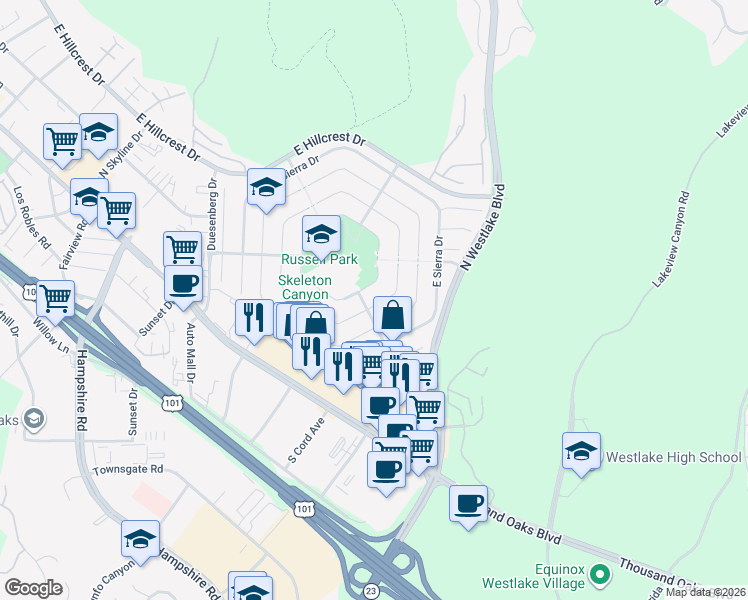 map of restaurants, bars, coffee shops, grocery stores, and more near 2813 East Appalachian Court in Westlake Village
