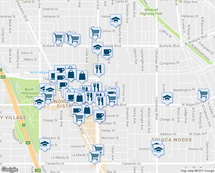 map of restaurants, bars, coffee shops, grocery stores, and more near 5301 Cleon Avenue in Los Angeles