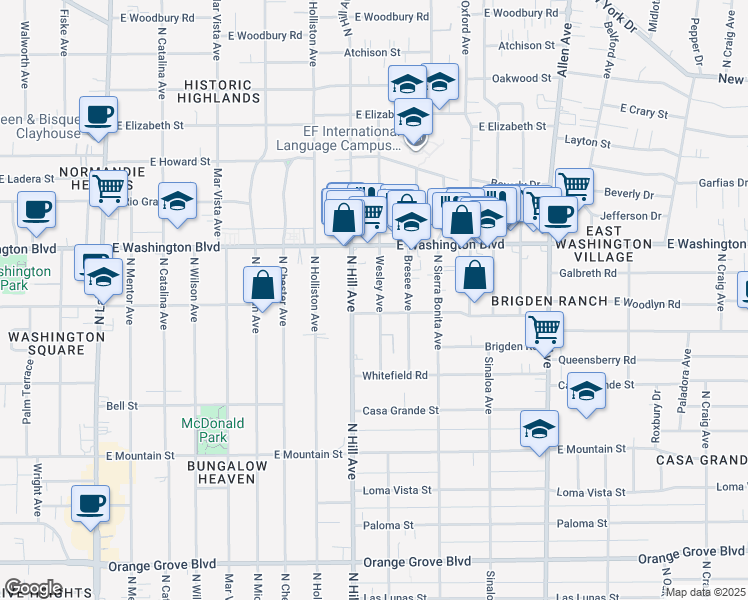 map of restaurants, bars, coffee shops, grocery stores, and more near 1221 Wesley Avenue in Pasadena