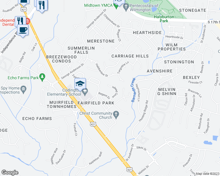 map of restaurants, bars, coffee shops, grocery stores, and more near 1145 Island Cove in Wilmington