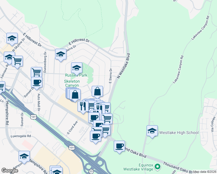 map of restaurants, bars, coffee shops, grocery stores, and more near 2923 East Sierra Drive in Thousand Oaks