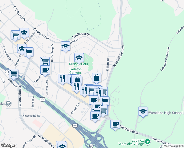 map of restaurants, bars, coffee shops, grocery stores, and more near 2813 East Appalachian Court in Westlake Village