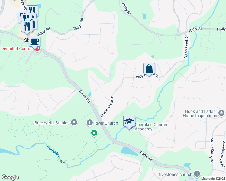map of restaurants, bars, coffee shops, grocery stores, and more near 1035 Copper Creek Dr in Canton