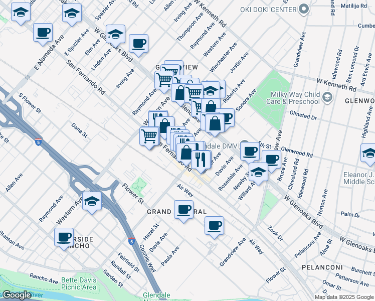 map of restaurants, bars, coffee shops, grocery stores, and more near 1012 Ruberta Avenue in Glendale