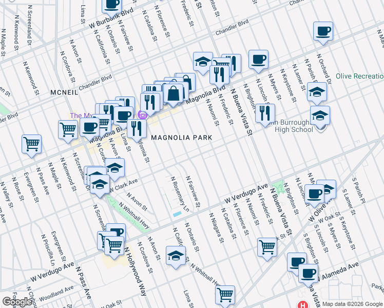 map of restaurants, bars, coffee shops, grocery stores, and more near 2913 West Clark Avenue in Burbank
