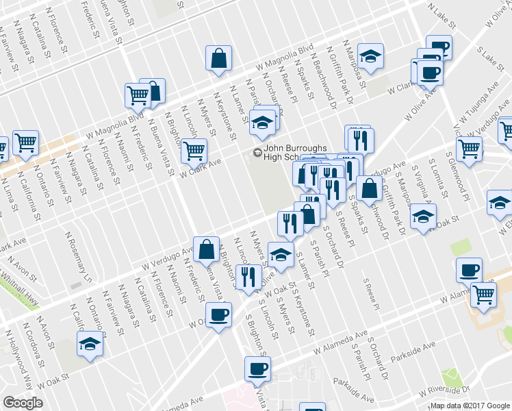 map of restaurants, bars, coffee shops, grocery stores, and more near 321 North Keystone Street in Burbank