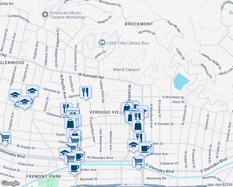 map of restaurants, bars, coffee shops, grocery stores, and more near 240 Spencer Street in Glendale