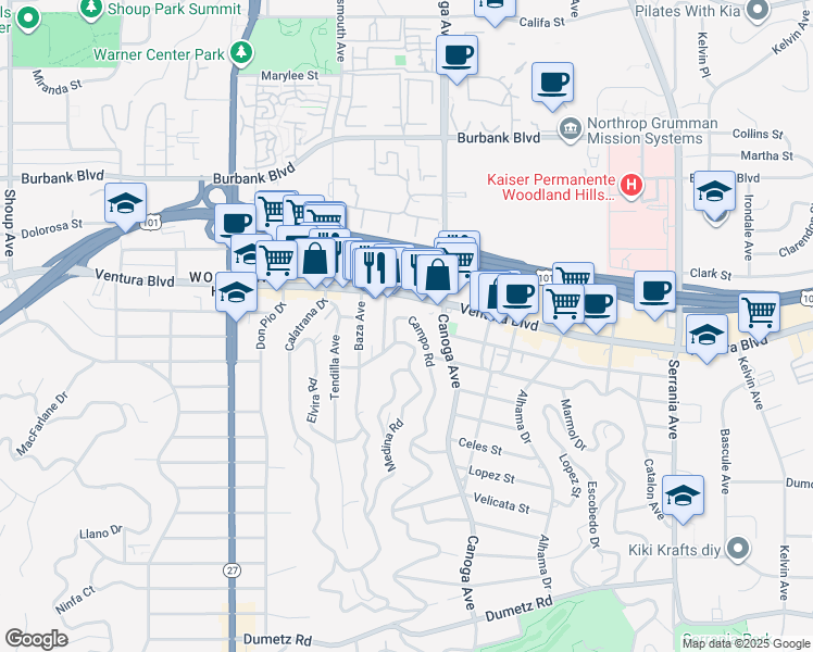 map of restaurants, bars, coffee shops, grocery stores, and more near 5355 Campo Road in Los Angeles