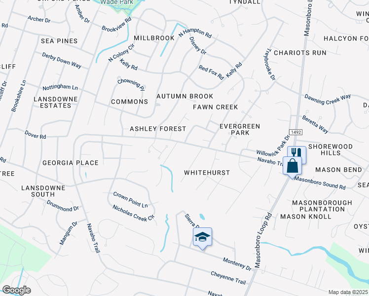 map of restaurants, bars, coffee shops, grocery stores, and more near 1110 Navaho Trail in Wilmington