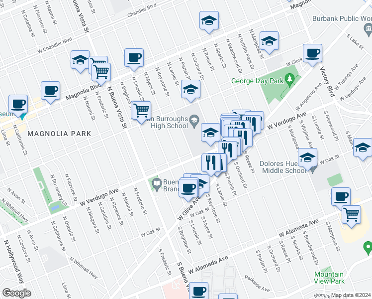 map of restaurants, bars, coffee shops, grocery stores, and more near 321 North Keystone Street in Burbank