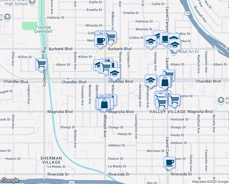 map of restaurants, bars, coffee shops, grocery stores, and more near 5314 Wilkinson Avenue in Los Angeles