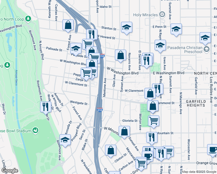 map of restaurants, bars, coffee shops, grocery stores, and more near 299 West Claremont Street in Pasadena