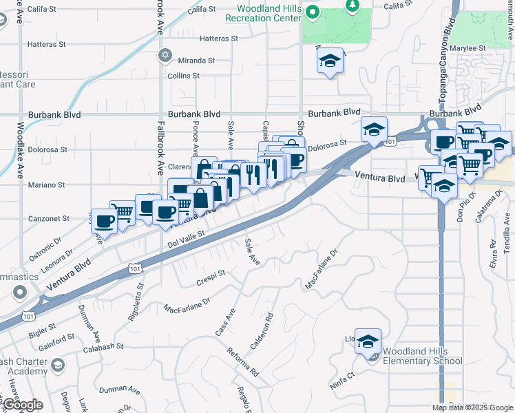 map of restaurants, bars, coffee shops, grocery stores, and more near 22515 Del Valle Street in Los Angeles