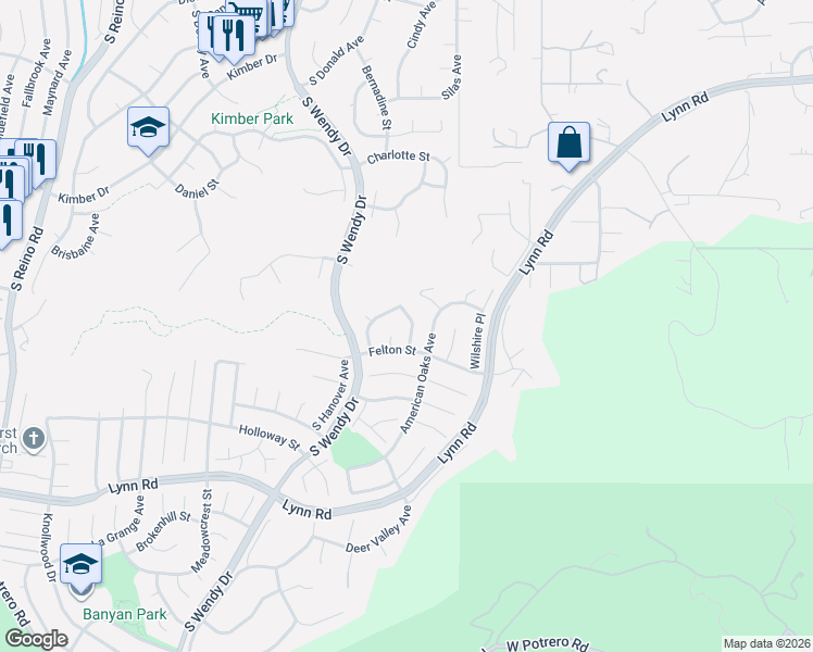 map of restaurants, bars, coffee shops, grocery stores, and more near 587 Evergreen Avenue in Thousand Oaks