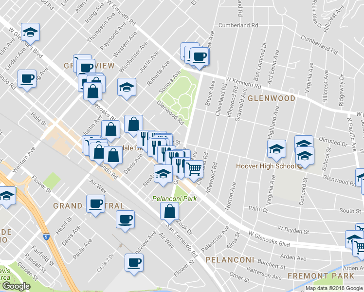map of restaurants, bars, coffee shops, grocery stores, and more near 1245 Grandview Avenue in Glendale