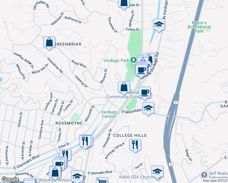 map of restaurants, bars, coffee shops, grocery stores, and more near 1415 Del Monte Drive in Glendale