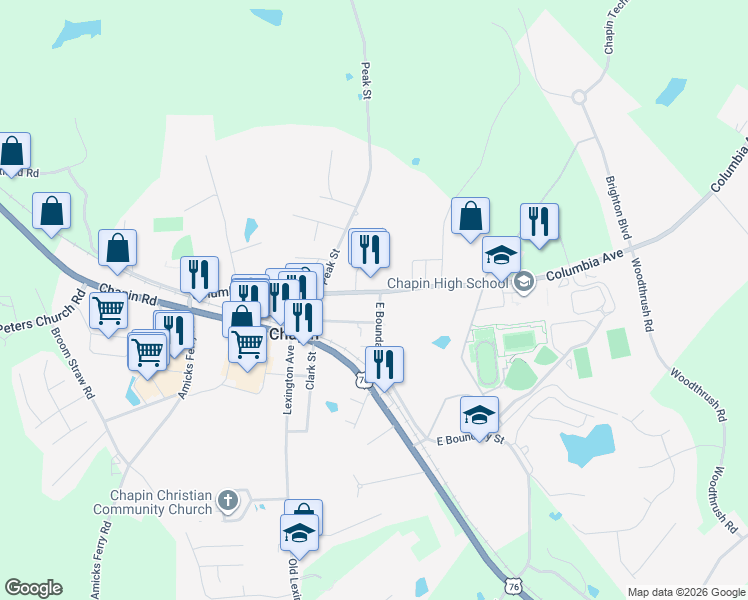 map of restaurants, bars, coffee shops, grocery stores, and more near 101 East Boundary Street in Chapin