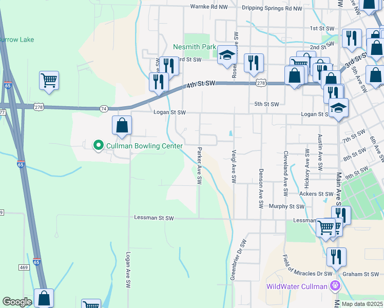 map of restaurants, bars, coffee shops, grocery stores, and more near 705 Parker Avenue Southwest in Cullman