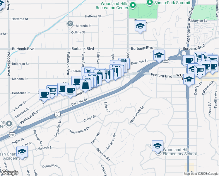 map of restaurants, bars, coffee shops, grocery stores, and more near 22515 Del Valle Street in Los Angeles