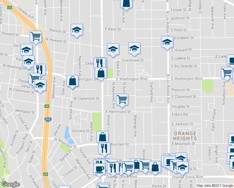 map of restaurants, bars, coffee shops, grocery stores, and more near 101 East Claremont Street in Pasadena