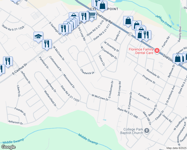 map of restaurants, bars, coffee shops, grocery stores, and more near 2363 Chadwick Dr in Florence