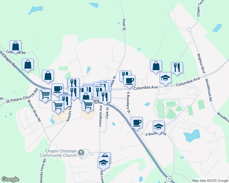 map of restaurants, bars, coffee shops, grocery stores, and more near 206 Columbia Avenue in Chapin
