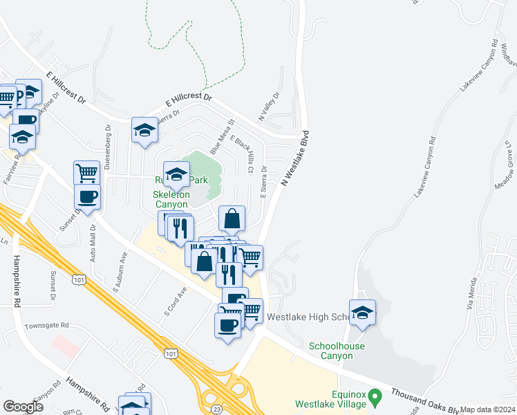 map of restaurants, bars, coffee shops, grocery stores, and more near 2923 East Sierra Drive in Thousand Oaks
