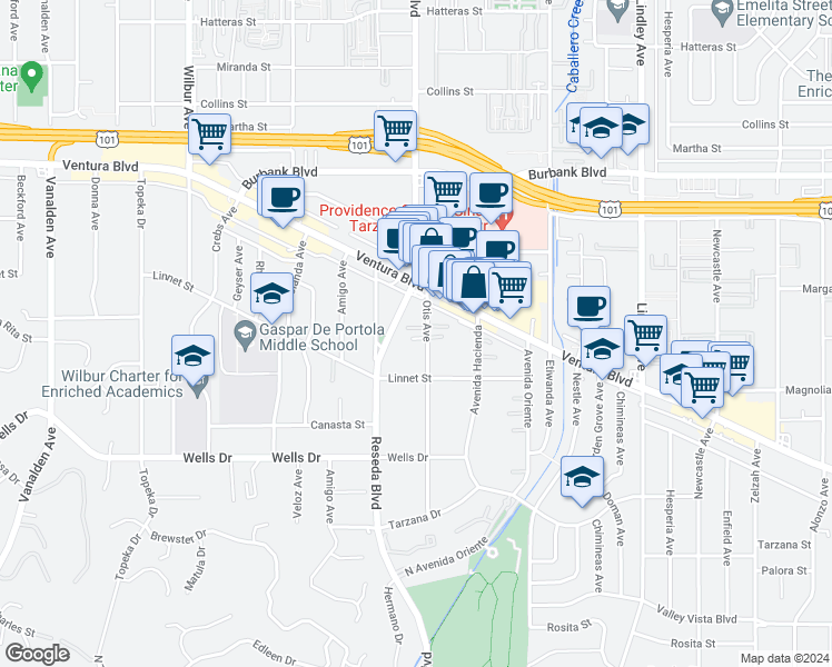 map of restaurants, bars, coffee shops, grocery stores, and more near 18509 Sophia Lane in Los Angeles