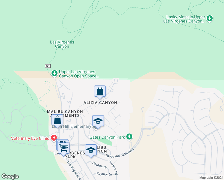map of restaurants, bars, coffee shops, grocery stores, and more near 26008 Alizia Canyon Drive in Calabasas
